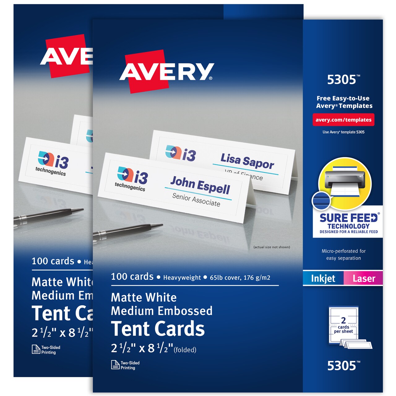 Avery Printable Tent Cards with Sure Feed Technology, 2.5" x 8.5", White with Embossed Border, 2-Pack, Total of 200 Blank Place Cards for Laser or Inkjet Printers (25305)